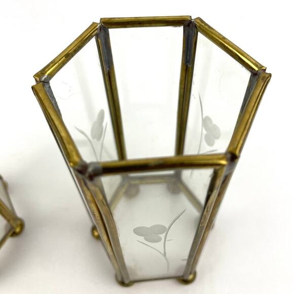 VTG Mini Brass Etched Glass Lantern Candle Holder Display Lot of 2 - Picture 8 of 16